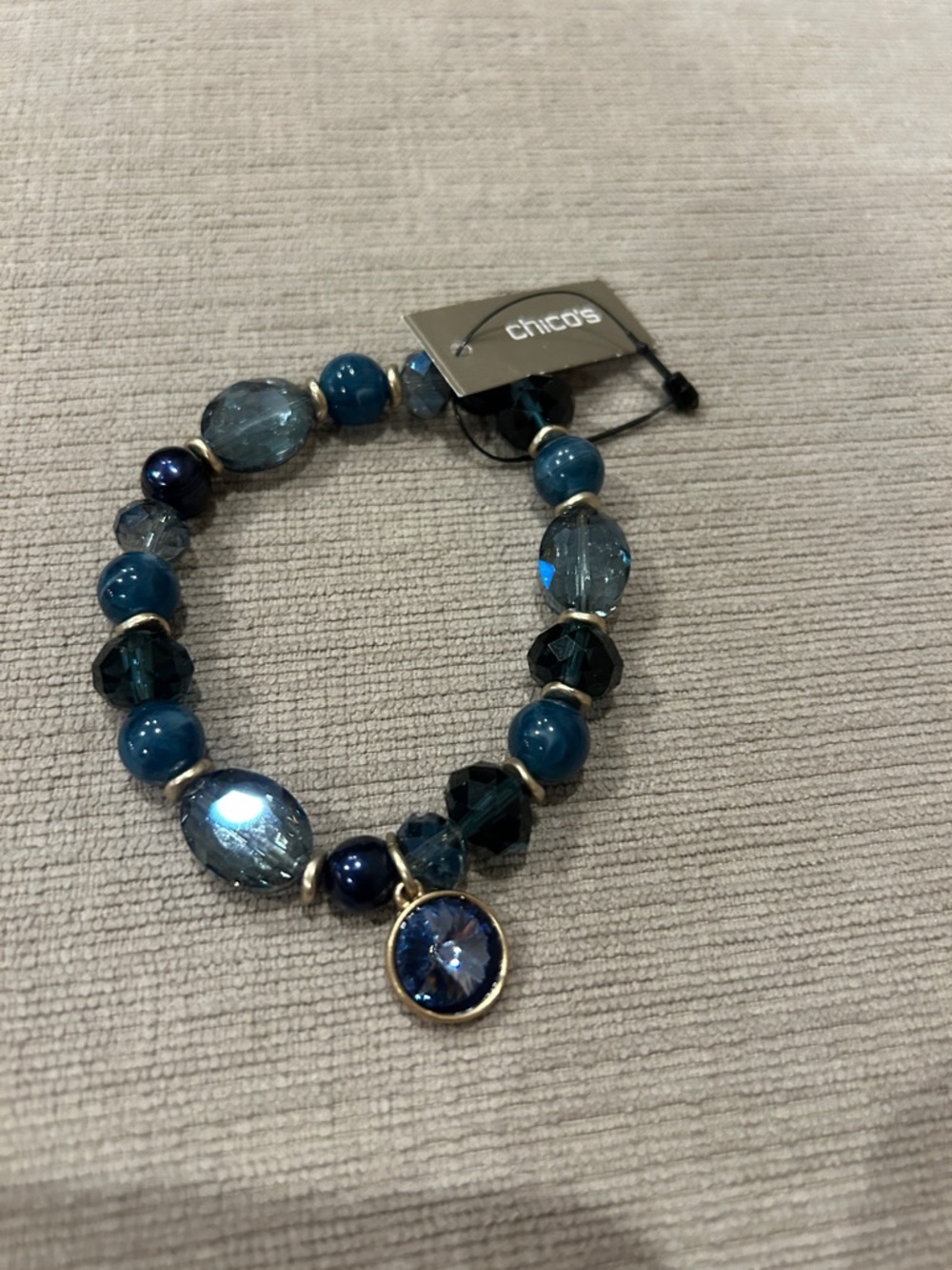 Chico's Teal and Navy Beaded Stretch Bracelet with Faceted Charm